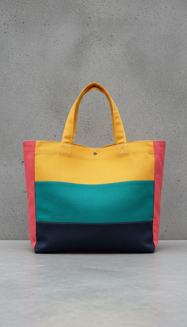 Color-Blocked Linen Tote Bag